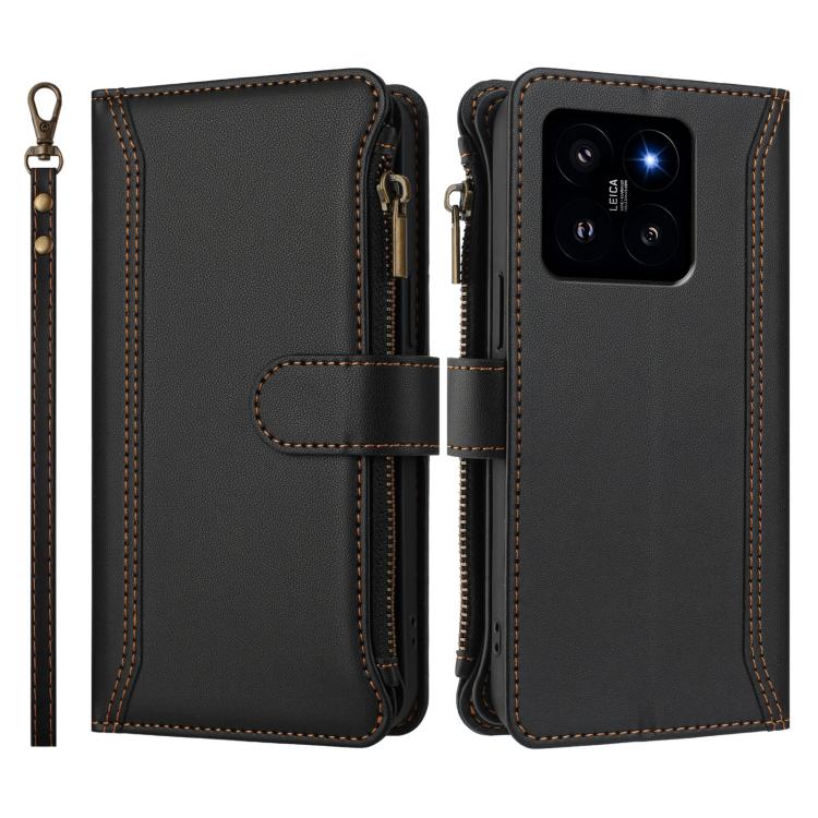 For Xiaomi 14 Magnetic Closure 9 Card Slots Zipper Leather Case with Hand Strap