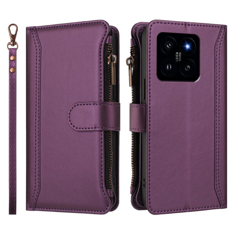 For Xiaomi 14 Magnetic Closure 9 Card Slots Zipper Leather Case with Hand Strap