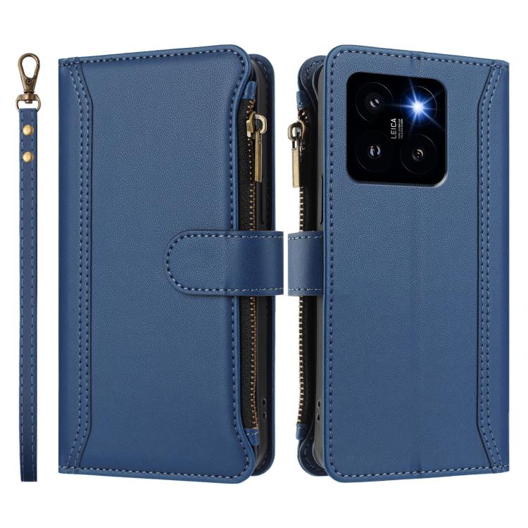 For Xiaomi 14 Pro Magnetic Closure 9 Card Slots Zipper Leather Case with Hand Strap