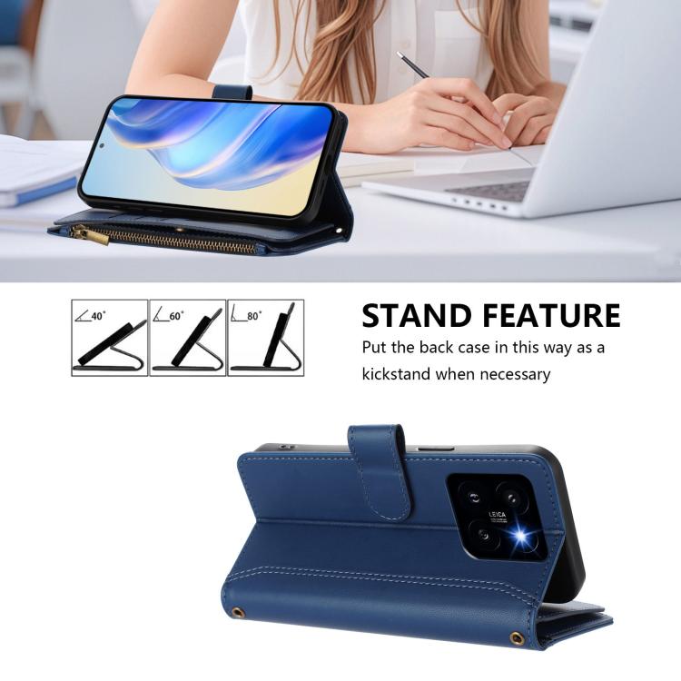 For Xiaomi 14 Pro Magnetic Closure 9 Card Slots Zipper Leather Case with Hand Strap