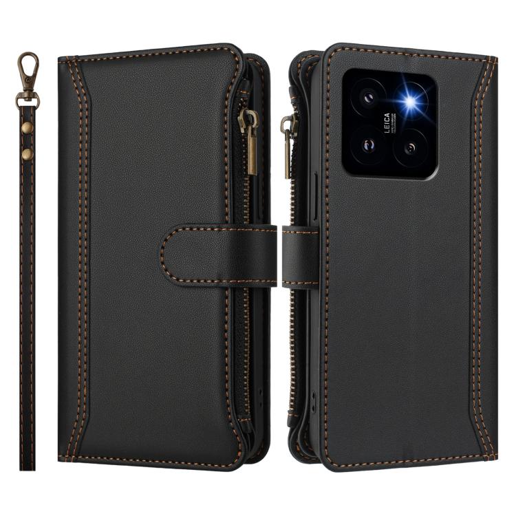 For Xiaomi 14 Pro Magnetic Closure 9 Card Slots Zipper Leather Case with Hand Strap