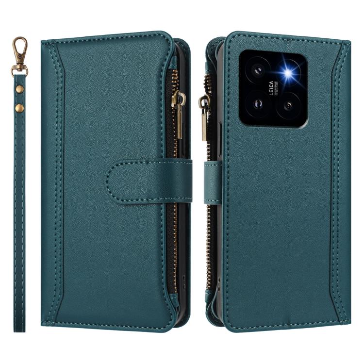 For Xiaomi 14 Pro Magnetic Closure 9 Card Slots Zipper Leather Case with Hand Strap