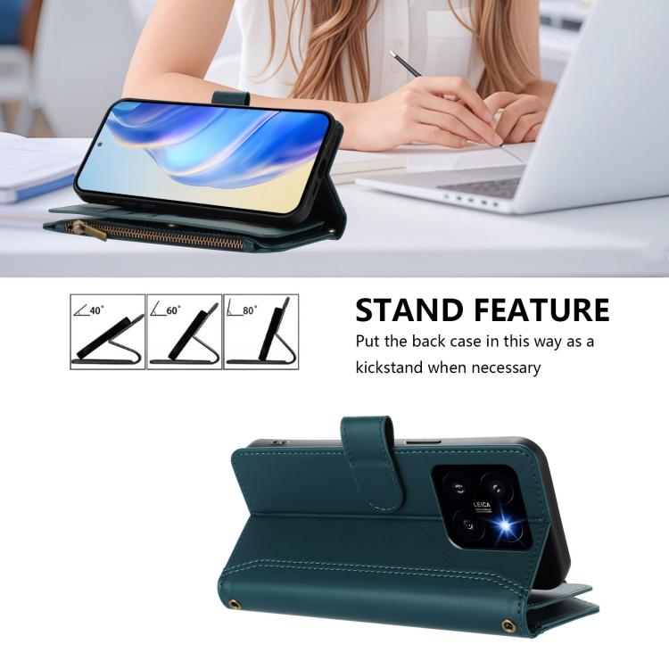 For Xiaomi 14 Pro Magnetic Closure 9 Card Slots Zipper Leather Case with Hand Strap