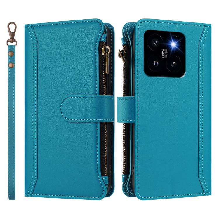 For Xiaomi 14 Pro Magnetic Closure 9 Card Slots Zipper Leather Case with Hand Strap