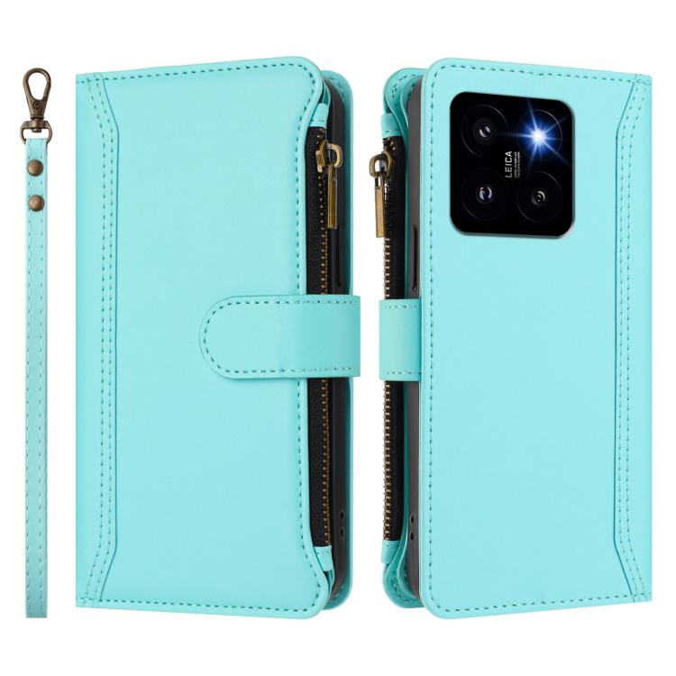 For Xiaomi 14 Pro Magnetic Closure 9 Card Slots Zipper Leather Case with Hand Strap