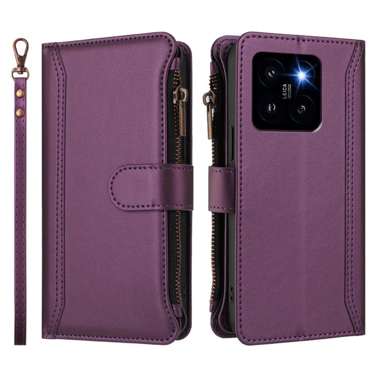 For Xiaomi 14 Pro Magnetic Closure 9 Card Slots Zipper Leather Case with Hand Strap