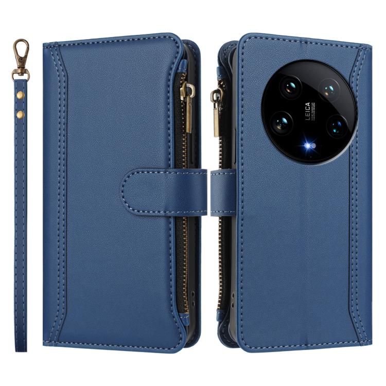 For Xiaomi 14 Ultra Magnetic Closure 9 Card Slots Zipper Leather Case with Hand Strap