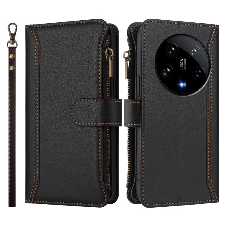 For Xiaomi 14 Ultra Magnetic Closure 9 Card Slots Zipper Leather Case with Hand Strap