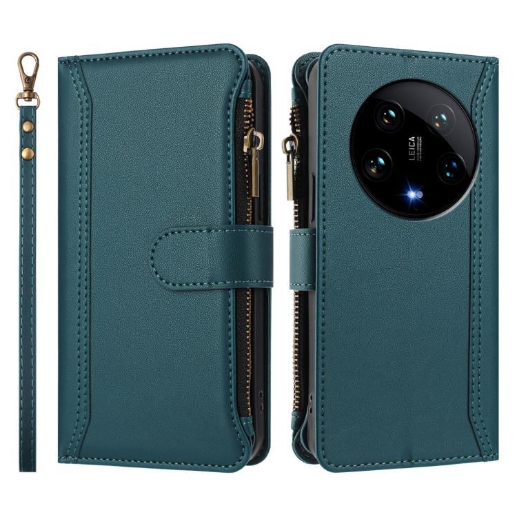 For Xiaomi 14 Ultra Magnetic Closure 9 Card Slots Zipper Leather Case with Hand Strap
