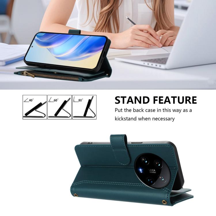 For Xiaomi 14 Ultra Magnetic Closure 9 Card Slots Zipper Leather Case with Hand Strap