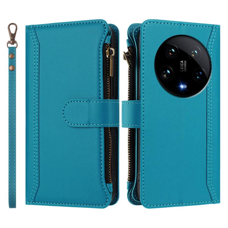 For Xiaomi 14 Ultra Magnetic Closure 9 Card Slots Zipper Leather Case with Hand Strap