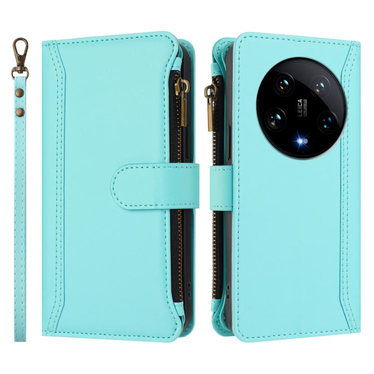 For Xiaomi 14 Ultra Magnetic Closure 9 Card Slots Zipper Leather Case with Hand Strap