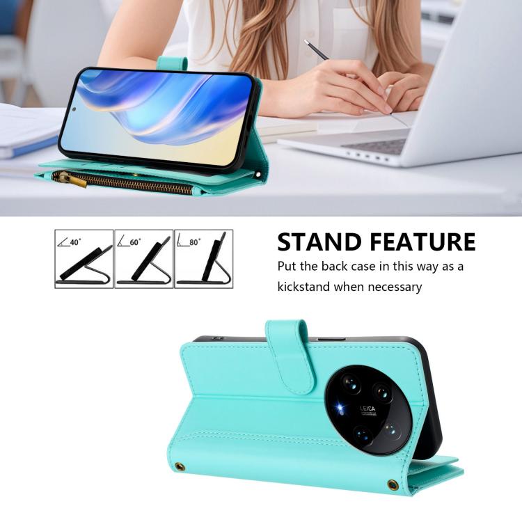 For Xiaomi 14 Ultra Magnetic Closure 9 Card Slots Zipper Leather Case with Hand Strap