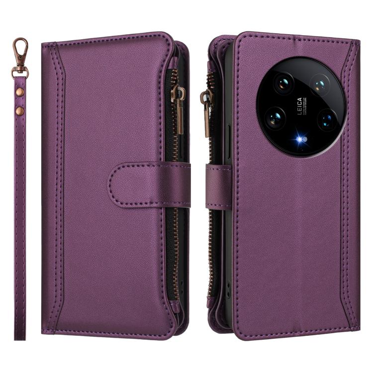 For Xiaomi 14 Ultra Magnetic Closure 9 Card Slots Zipper Leather Case with Hand Strap