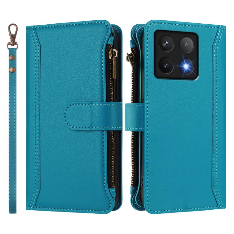 For Xiaomi 14T Magnetic Closure 9 Card Slots Zipper Leather Case with Hand Strap