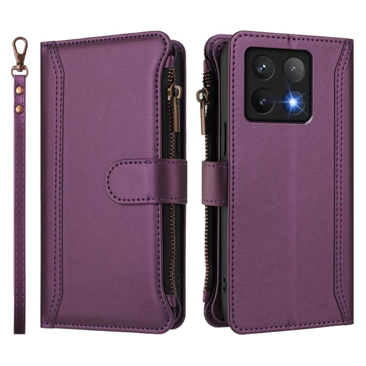 For Xiaomi 14T Magnetic Closure 9 Card Slots Zipper Leather Case with Hand Strap