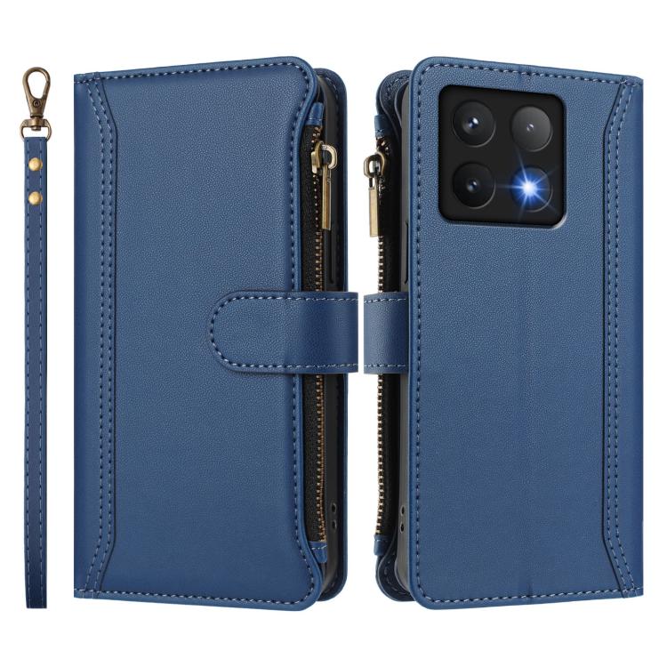 For Xiaomi 14T Pro Magnetic Closure 9 Card Slots Zipper Leather Case with Hand Strap