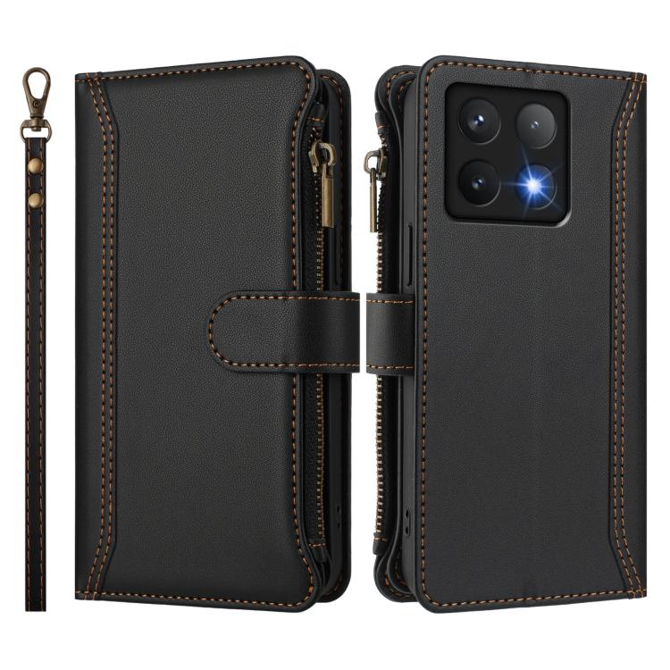 For Xiaomi 14T Pro Magnetic Closure 9 Card Slots Zipper Leather Case with Hand Strap