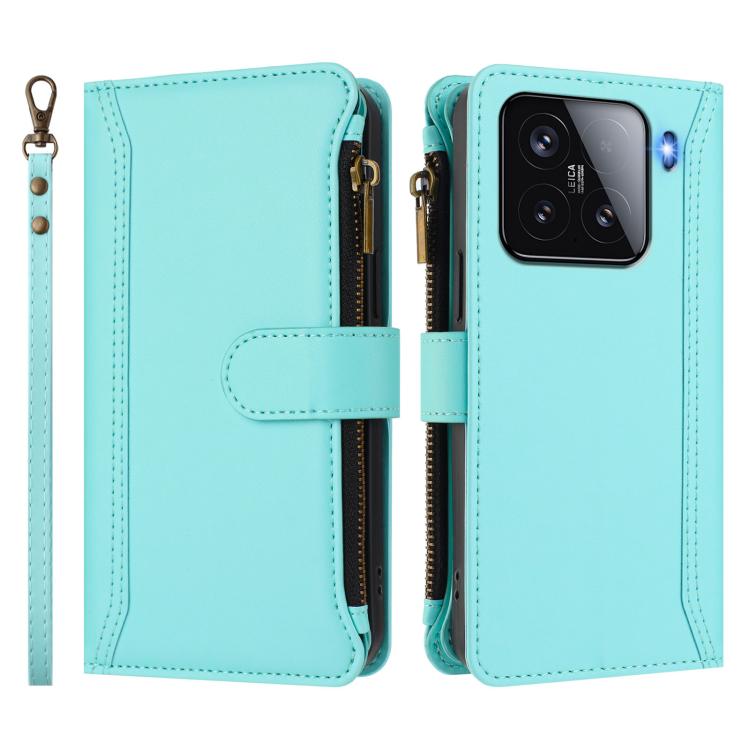 For Xiaomi 15 Magnetic Closure 9 Card Slots Zipper Leather Case with Hand Strap