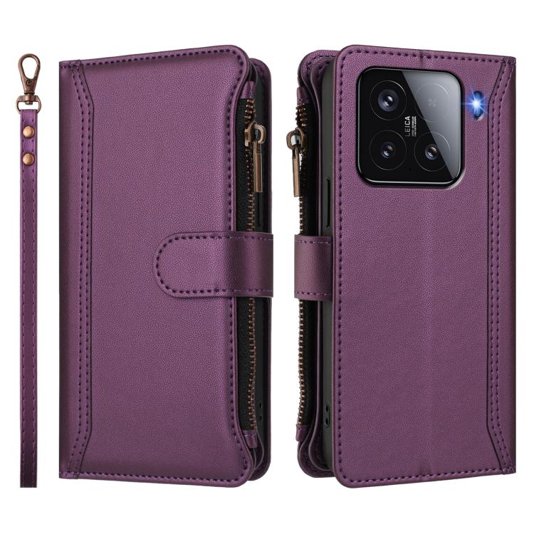 For Xiaomi 15 Magnetic Closure 9 Card Slots Zipper Leather Case with Hand Strap