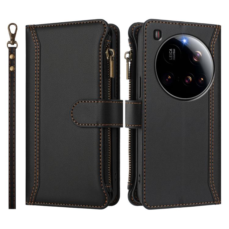 For Xiaomi 15 Ultra Magnetic Closure 9 Card Slots Zipper Leather Case with Hand Strap