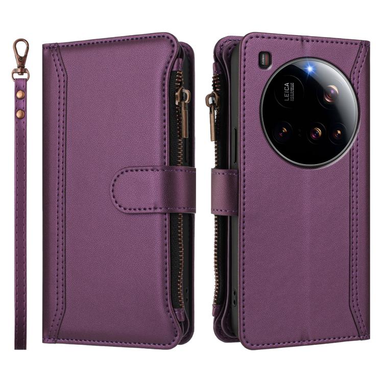 For Xiaomi 15 Ultra Magnetic Closure 9 Card Slots Zipper Leather Case with Hand Strap