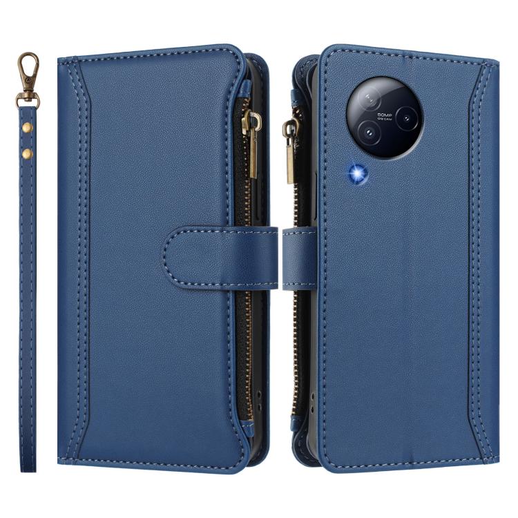 For Xiaomi Civi 3 Magnetic Closure 9 Card Slots Zipper Leather Case with Hand Strap
