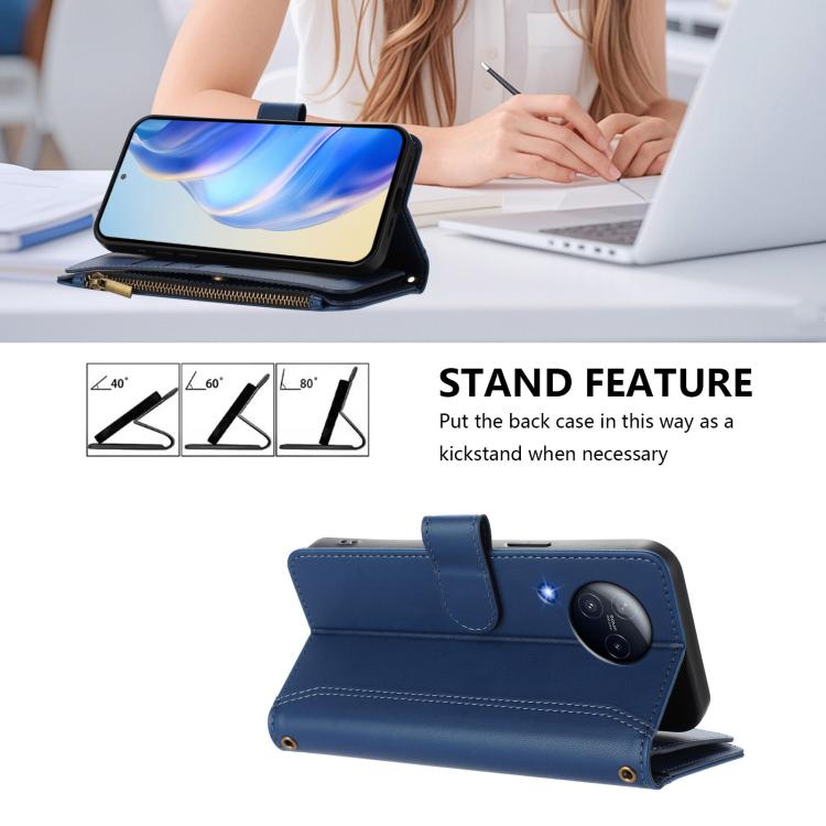 For Xiaomi Civi 3 Magnetic Closure 9 Card Slots Zipper Leather Case with Hand Strap