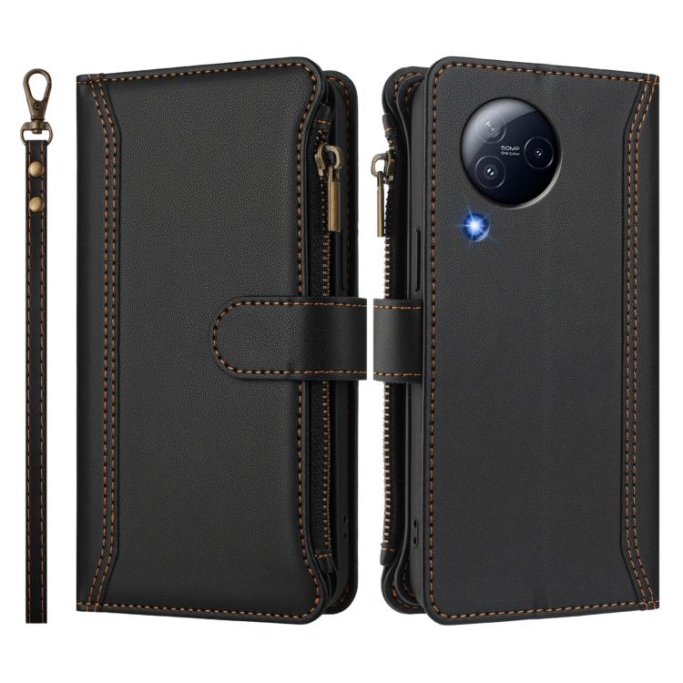 For Xiaomi Civi 3 Magnetic Closure 9 Card Slots Zipper Leather Case with Hand Strap
