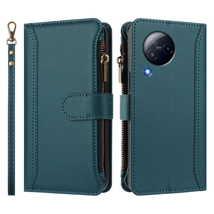 For Xiaomi Civi 3 Magnetic Closure 9 Card Slots Zipper Leather Case with Hand Strap