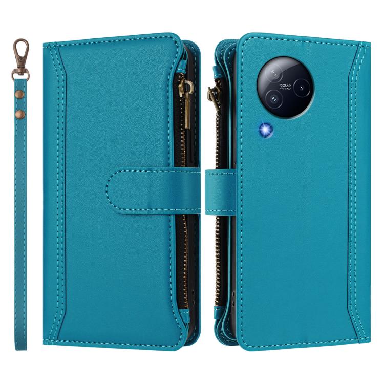 For Xiaomi Civi 3 Magnetic Closure 9 Card Slots Zipper Leather Case with Hand Strap