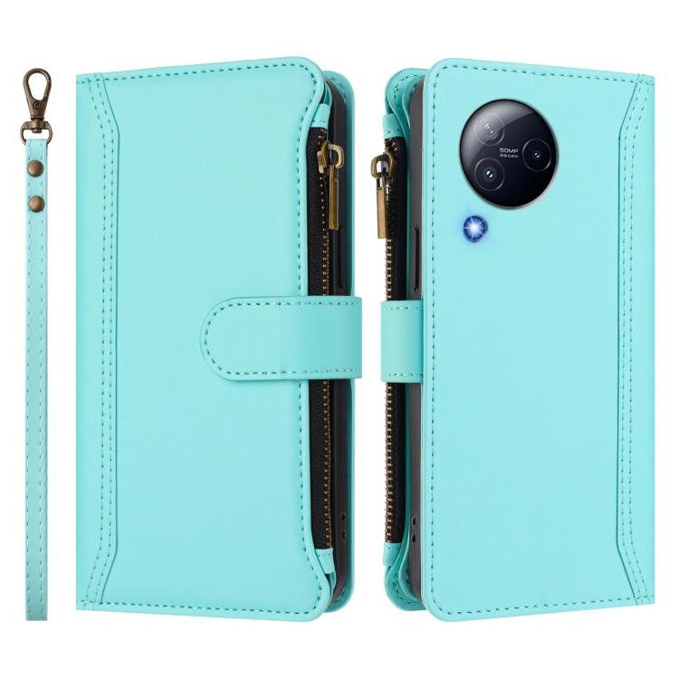 For Xiaomi Civi 3 Magnetic Closure 9 Card Slots Zipper Leather Case with Hand Strap