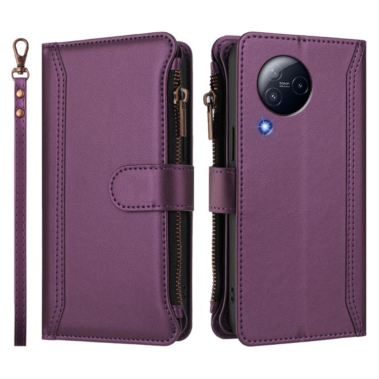 For Xiaomi Civi 3 Magnetic Closure 9 Card Slots Zipper Leather Case with Hand Strap