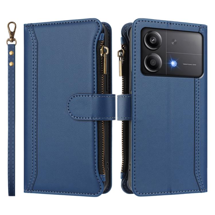 For Xiaomi Poco X6 Neo Magnetic Closure 9 Card Slots Zipper Leather Case with Hand Strap