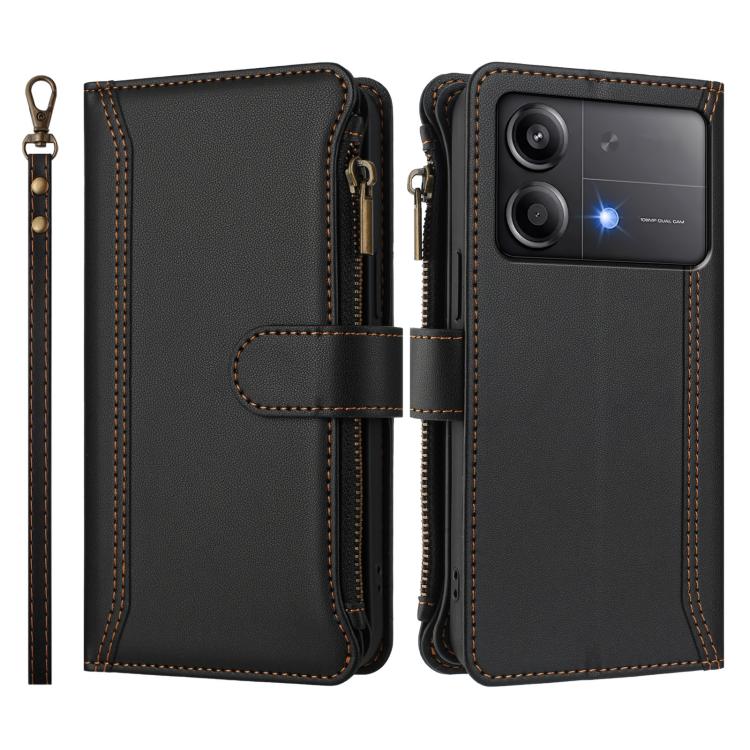 For Xiaomi Poco X6 Neo Magnetic Closure 9 Card Slots Zipper Leather Case with Hand Strap