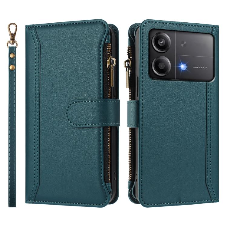 For Xiaomi Poco X6 Neo Magnetic Closure 9 Card Slots Zipper Leather Case with Hand Strap