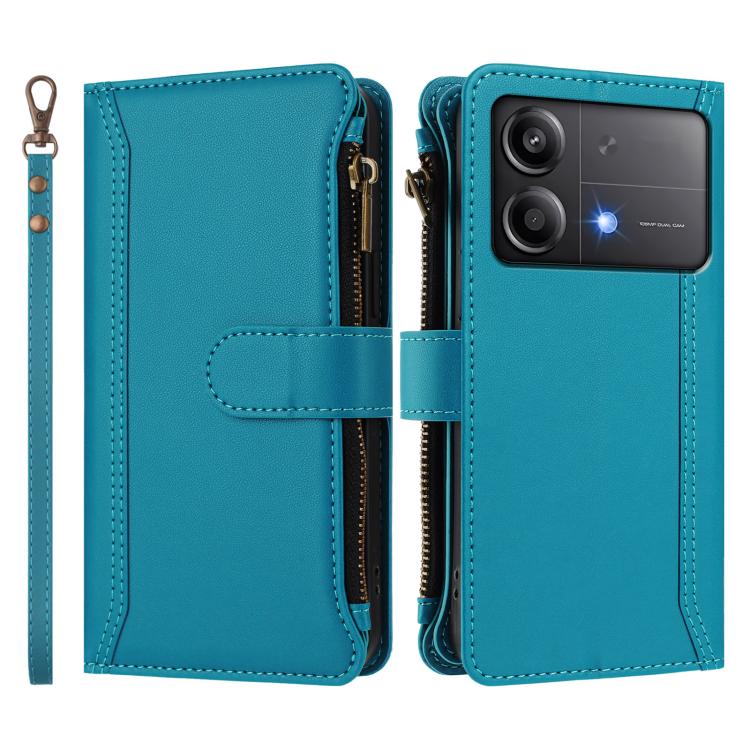 For Xiaomi Poco X6 Neo Magnetic Closure 9 Card Slots Zipper Leather Case with Hand Strap