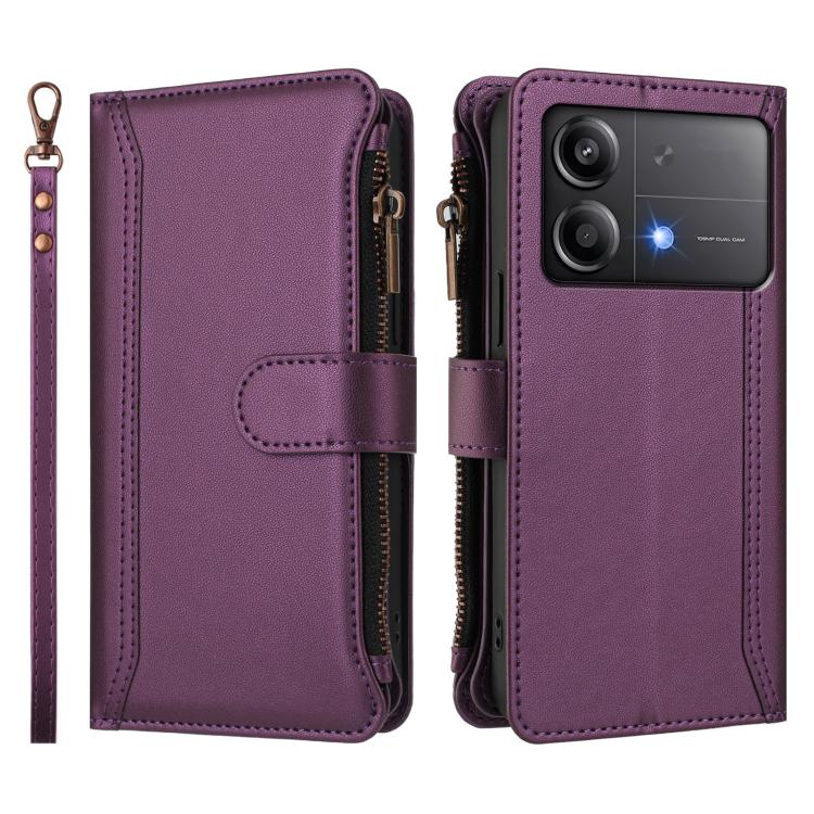 For Xiaomi Poco X6 Neo Magnetic Closure 9 Card Slots Zipper Leather Case with Hand Strap
