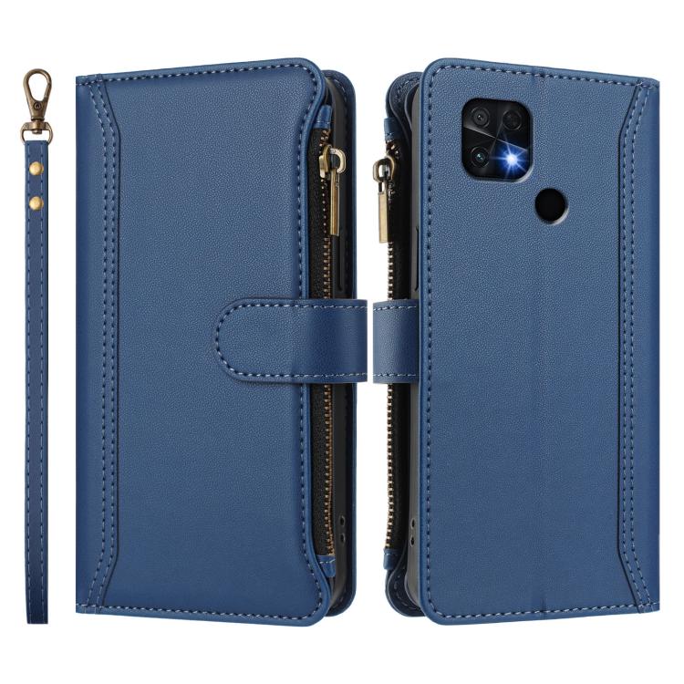 For Xiaomi Poco C40 / Redmi 10C Magnetic Closure 9 Card Slots Zipper Leather Case with Hand Strap