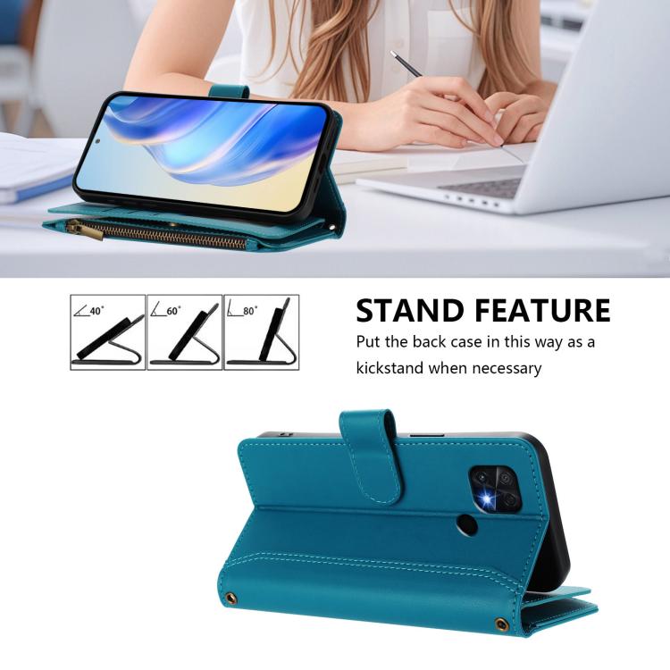 For Xiaomi Poco C40 / Redmi 10C Magnetic Closure 9 Card Slots Zipper Leather Case with Hand Strap