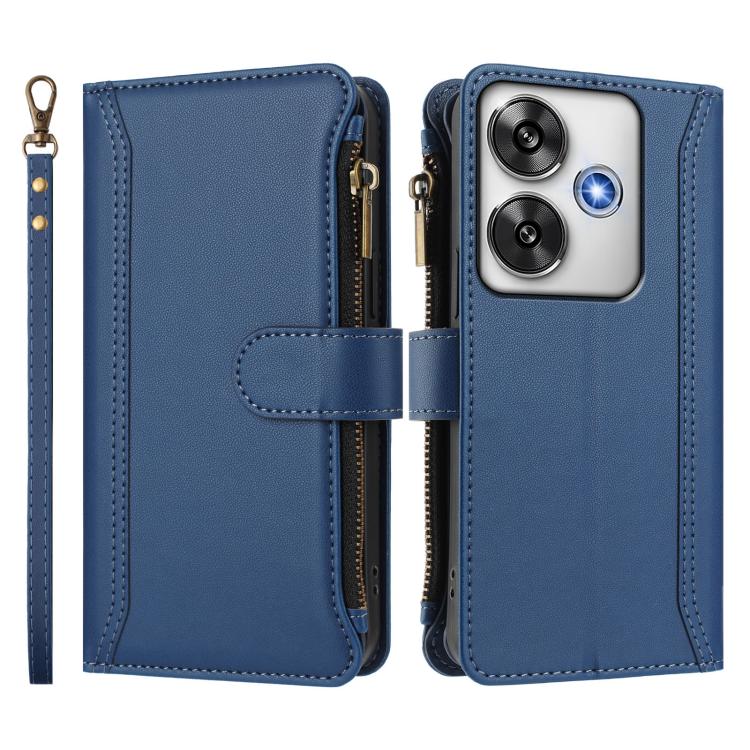 For Xiaomi Poco F6 Magnetic Closure 9 Card Slots Zipper Leather Case with Hand Strap