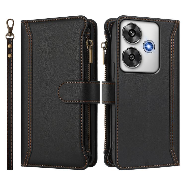 For Xiaomi Poco F6 Magnetic Closure 9 Card Slots Zipper Leather Case with Hand Strap