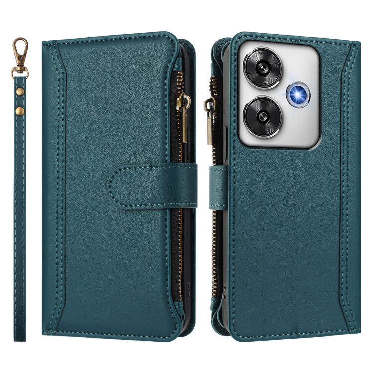 For Xiaomi Poco F6 Magnetic Closure 9 Card Slots Zipper Leather Case with Hand Strap