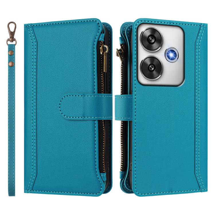 For Xiaomi Poco F6 Magnetic Closure 9 Card Slots Zipper Leather Case with Hand Strap