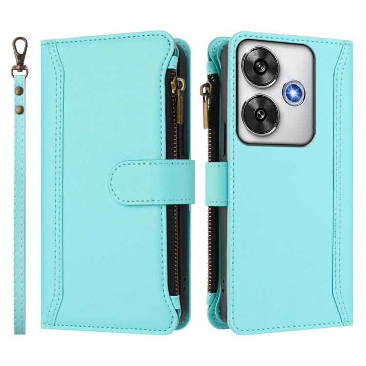 For Xiaomi Poco F6 Magnetic Closure 9 Card Slots Zipper Leather Case with Hand Strap