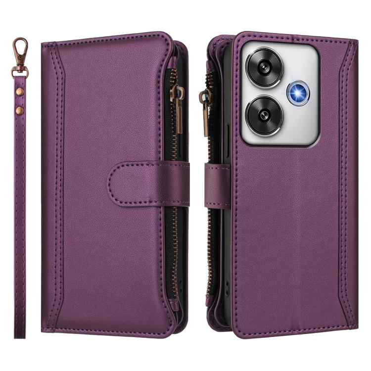 For Xiaomi Poco F6 Magnetic Closure 9 Card Slots Zipper Leather Case with Hand Strap