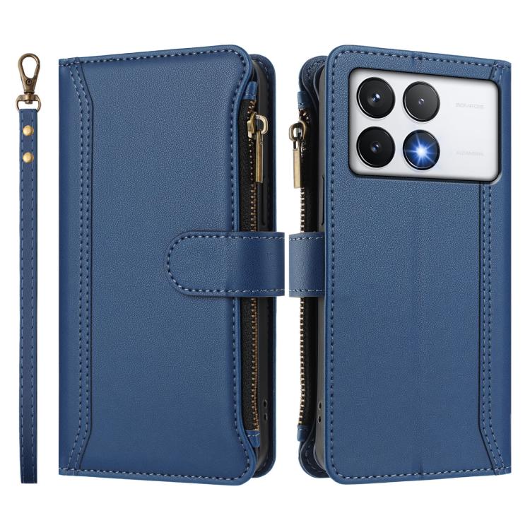 For Xiaomi Poco F6 Pro Magnetic Closure 9 Card Slots Zipper Leather Case with Hand Strap
