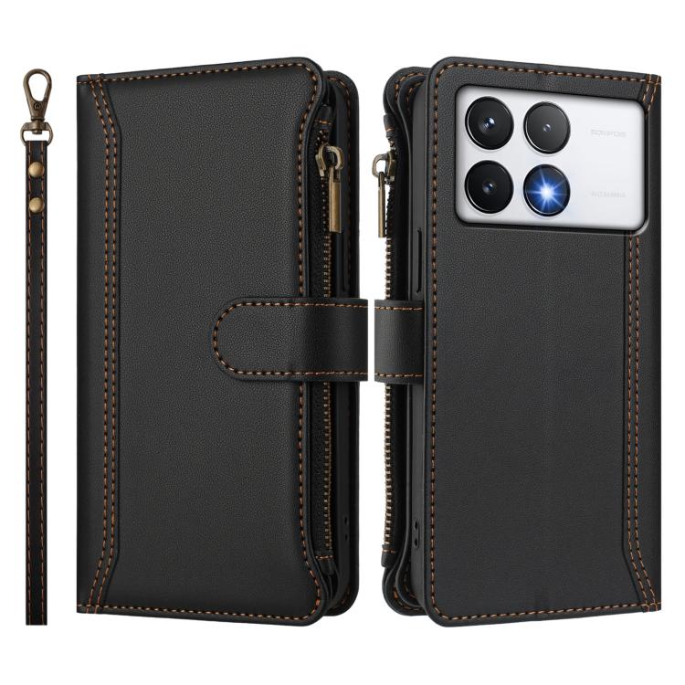 For Xiaomi Poco F6 Pro Magnetic Closure 9 Card Slots Zipper Leather Case with Hand Strap