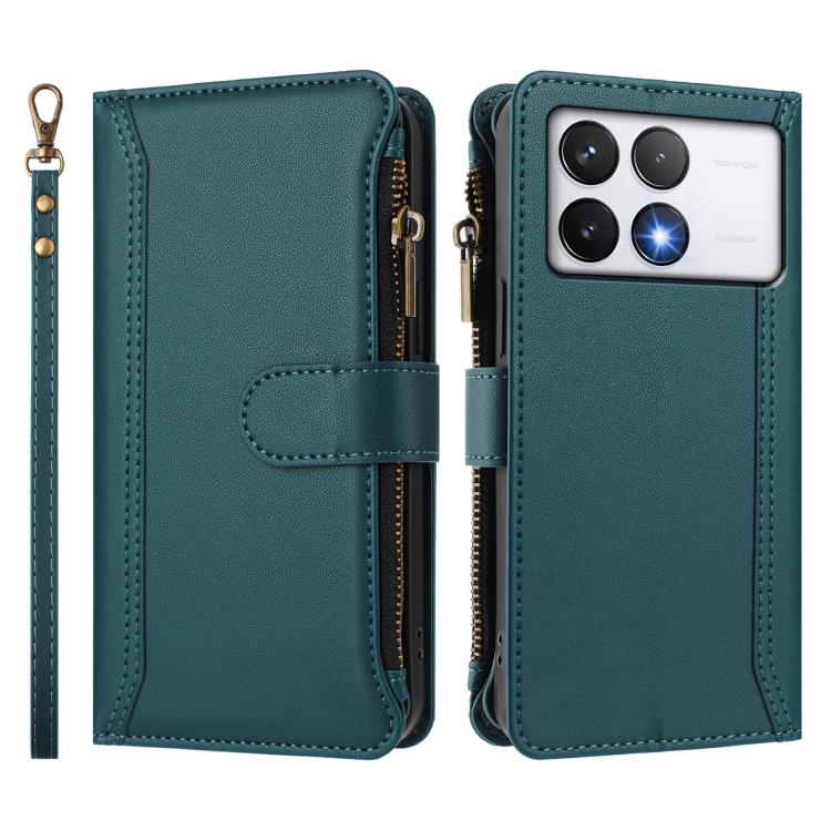 For Xiaomi Poco F6 Pro Magnetic Closure 9 Card Slots Zipper Leather Case with Hand Strap