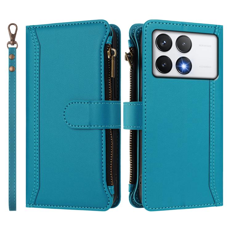 For Xiaomi Poco F6 Pro Magnetic Closure 9 Card Slots Zipper Leather Case with Hand Strap